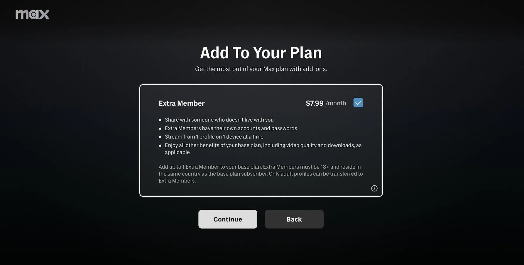 Giao diện tính năng Extra Member Add-On của Max hỗ trợ chia sẻ tài khoản cho thành viên phụ