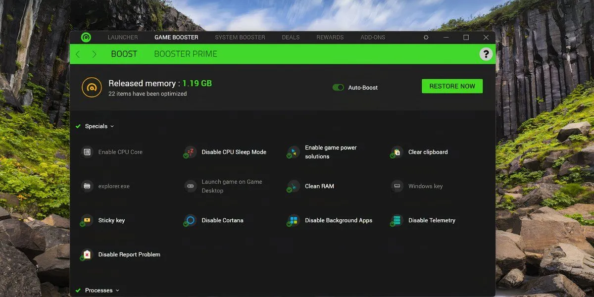 Giao diện tính năng Game Booster của Razer Cortex trên Windows 11 hiển thị các tùy chọn tối ưu game và theo dõi FPS.