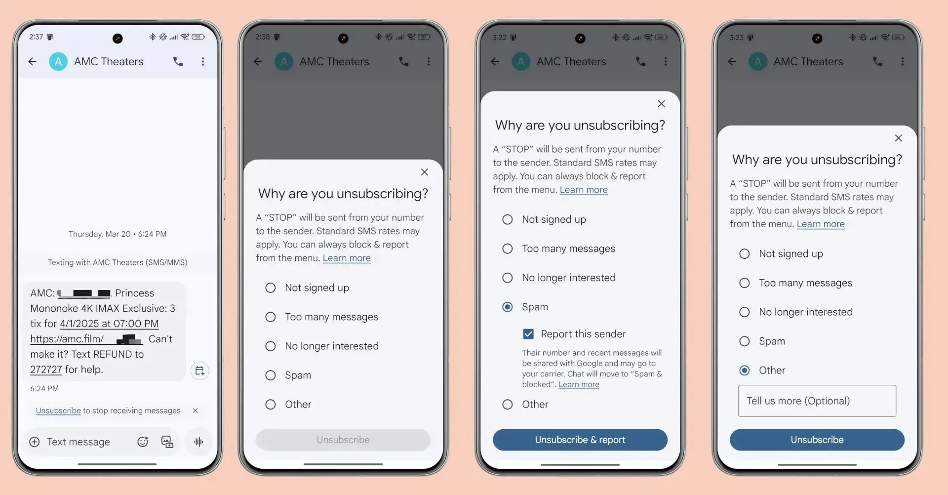 Giao diện tính năng hủy đăng ký tin nhắn tự động trên Google Messages