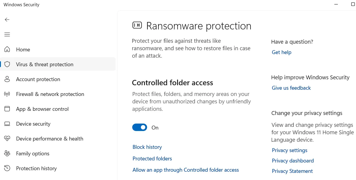Giao diện tính năng kiểm soát truy cập thư mục của Windows Security, hiển thị tùy chọn bật/tắt để bảo vệ các thư mục quan trọng khỏi ứng dụng không tin cậy