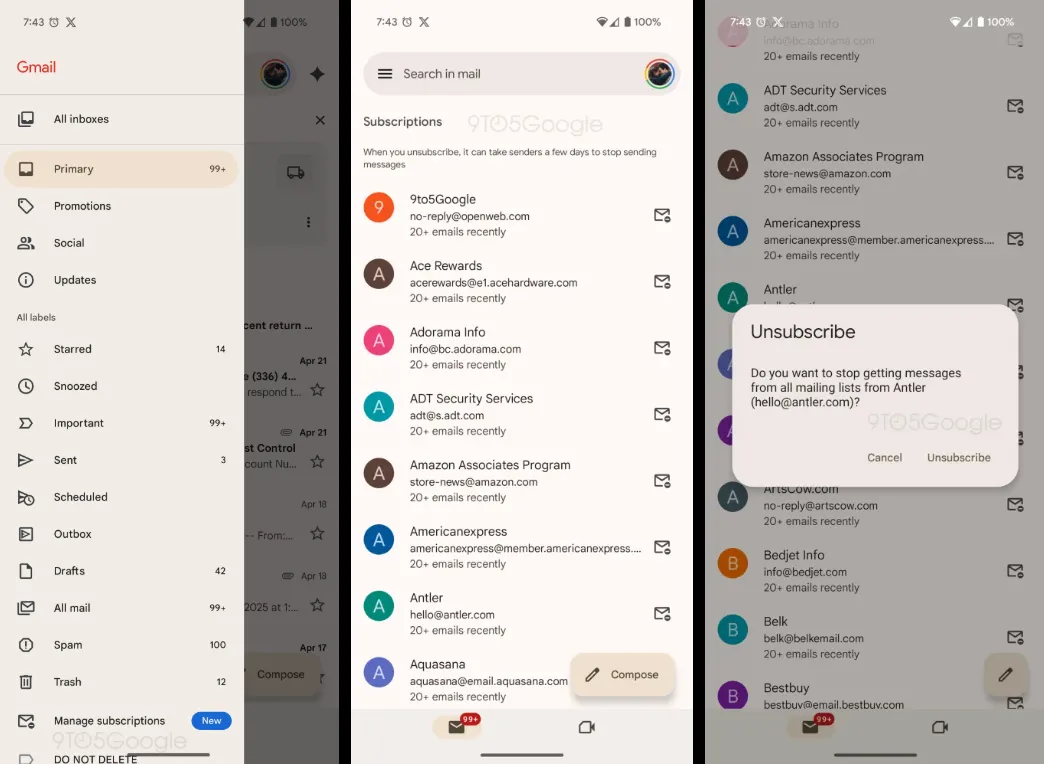 Giao diện tính năng quản lý đăng ký bản tin mới trong ứng dụng Gmail, hiển thị danh sách các email và tùy chọn hủy nhận.