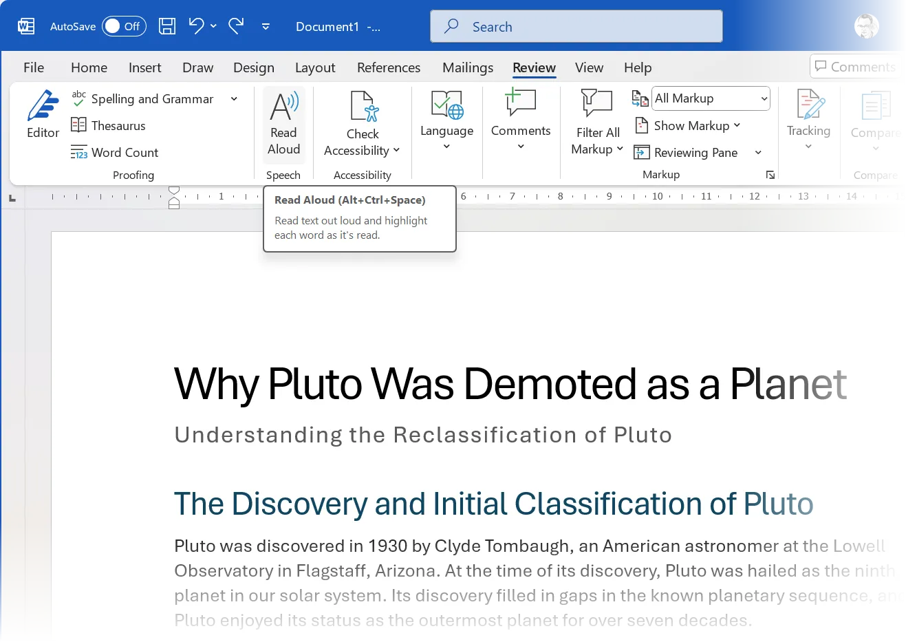 Giao diện tính năng Read Aloud (Đọc to) trong Microsoft Word, giúp người dùng nghe lại nội dung đã viết.