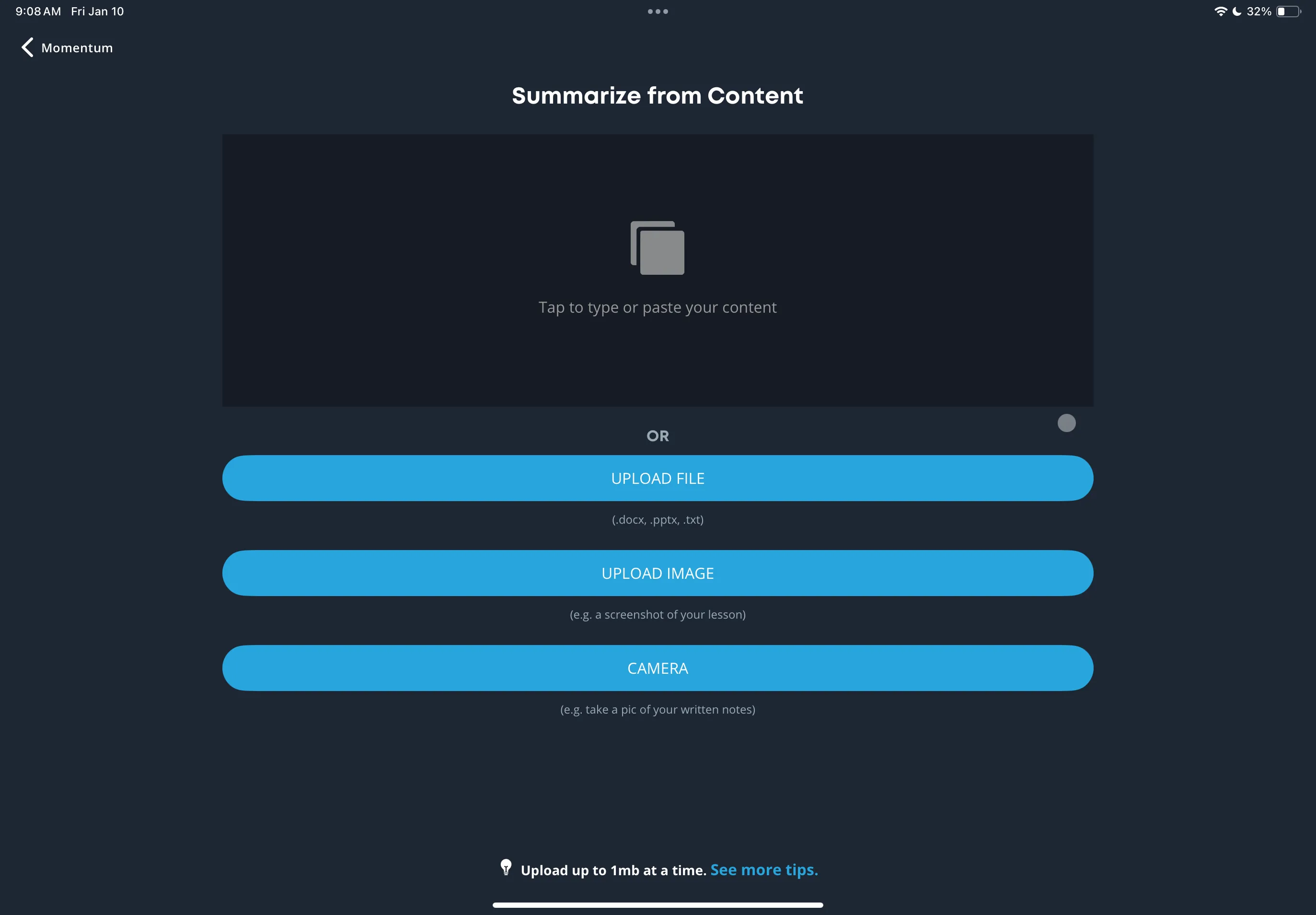 Giao diện tính năng &quot;Summarize From Content&quot; của Brainscape, cho phép tải lên tài liệu để tạo flashcard