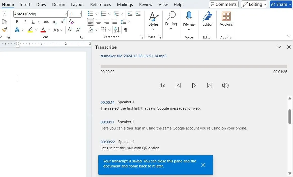 Giao diện tính năng Transcribe (Phiên âm) trong tài liệu Word
