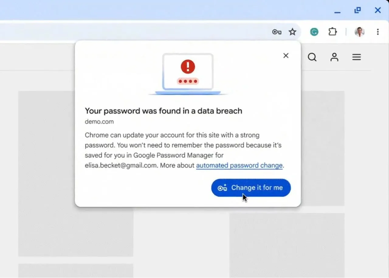 Giao diện tính năng tự động thay đổi mật khẩu trong trình duyệt Google Chrome