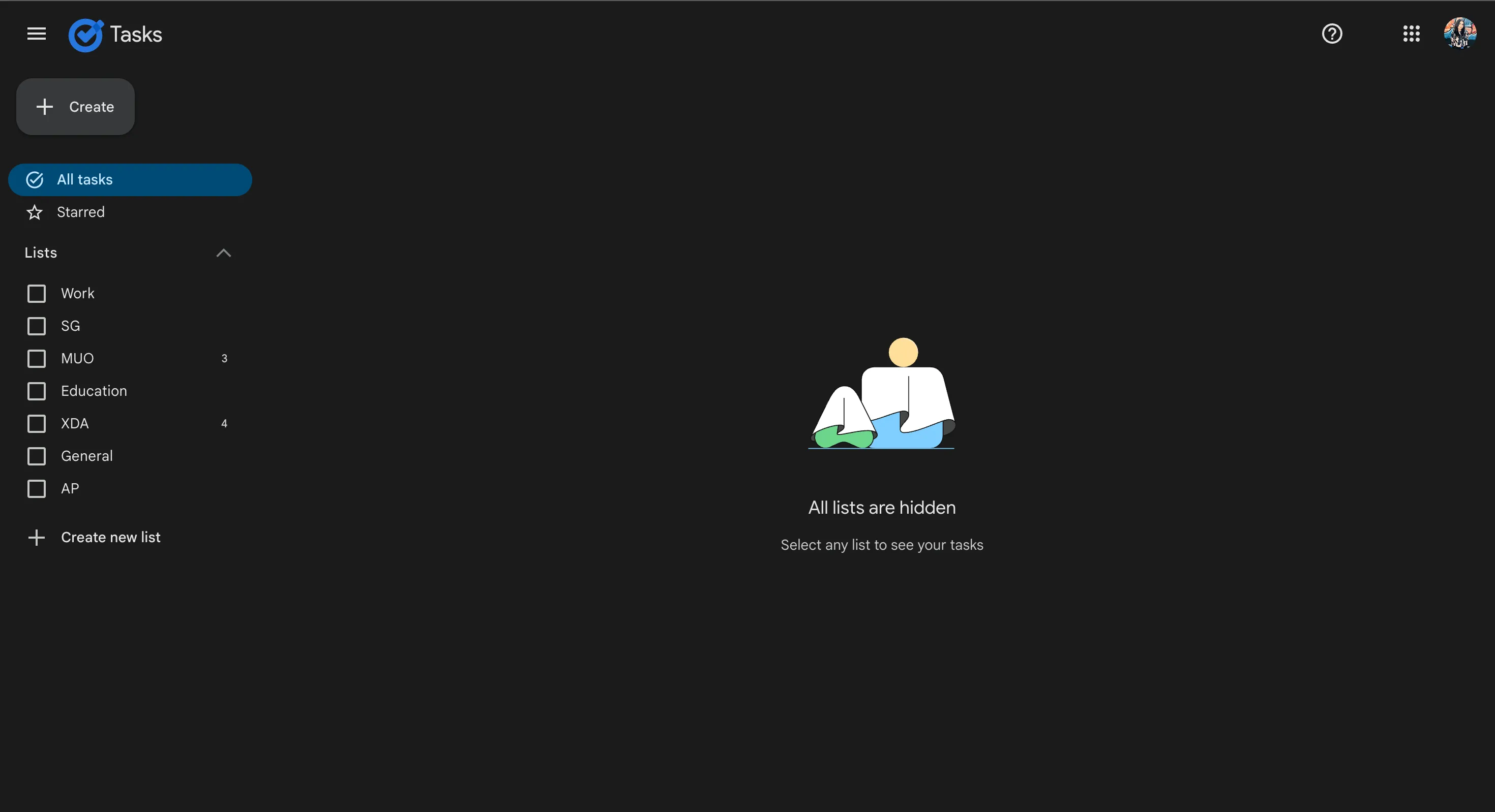 Giao diện tối giản và gọn gàng của Google Tasks hiển thị các danh sách công việc ở thanh bên.