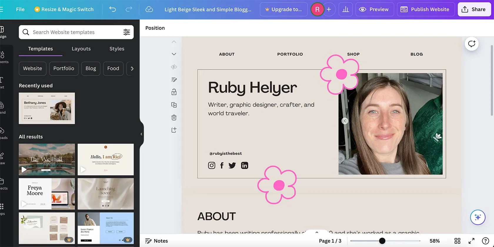 Giao diện tổng quan của Canva Website Builder, nơi người dùng có thể dễ dàng quản lý và tái sử dụng các tài nguyên thiết kế cho website của mình