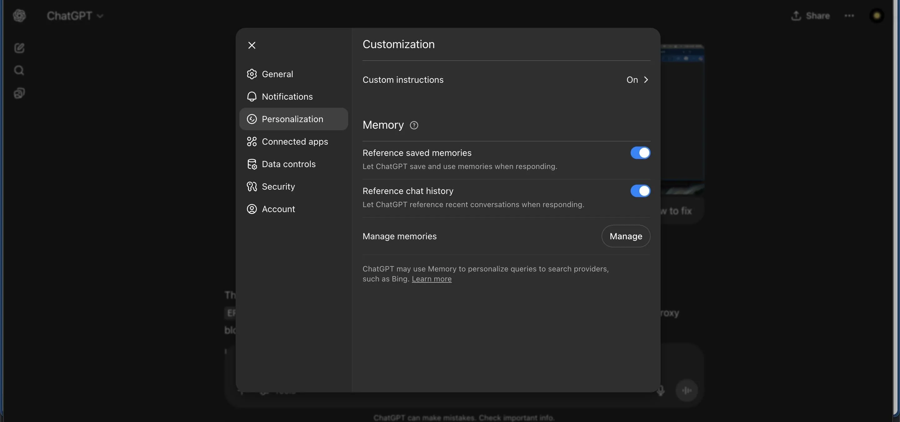 Giao diện trang cá nhân hóa của ChatGPT cho phép người dùng thiết lập tùy chỉnh