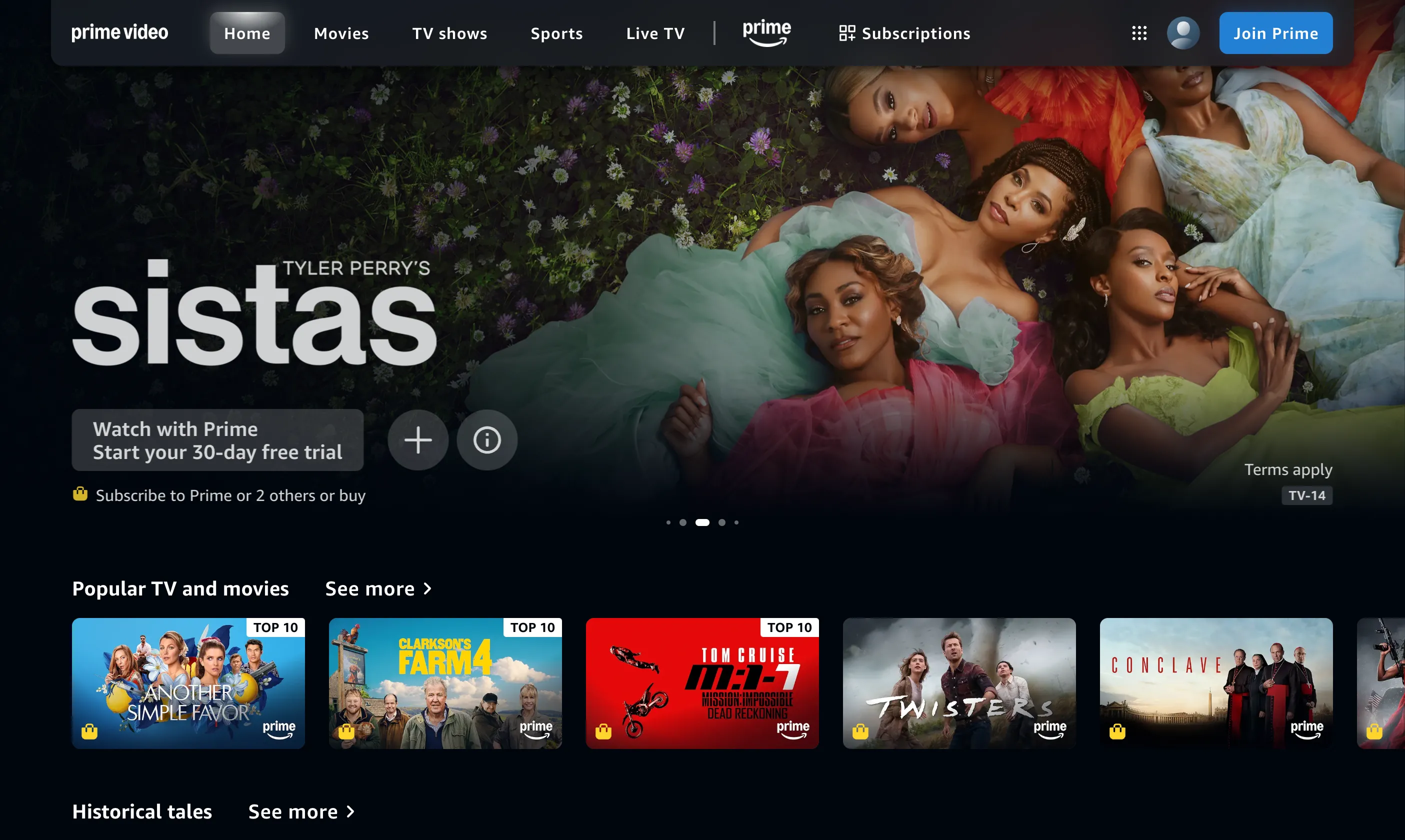 Giao diện trang chủ của dịch vụ Amazon Prime Video với nhiều nội dung giải trí