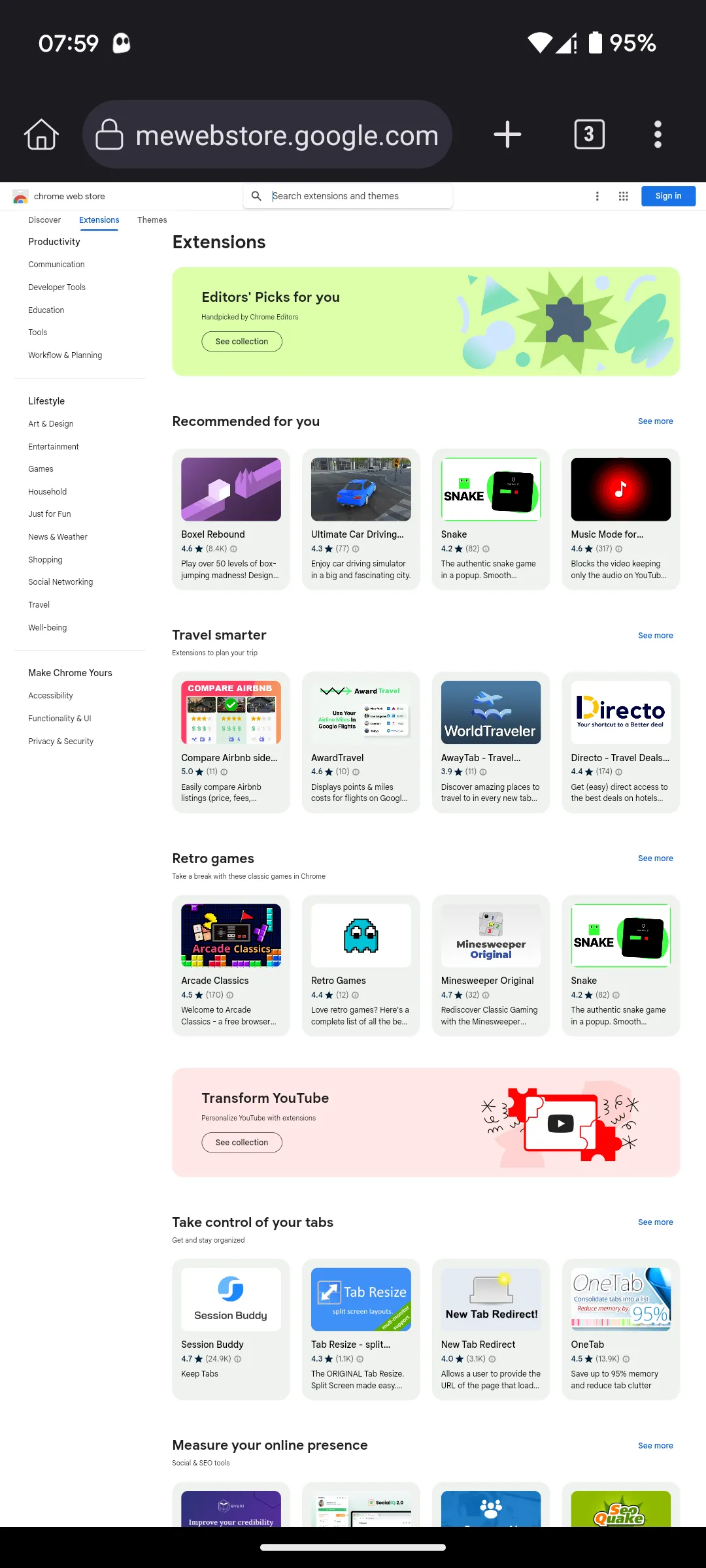 Giao diện trang chủ Cửa hàng Chrome trực tuyến trên Kiwi Browser để tìm kiếm tiện ích