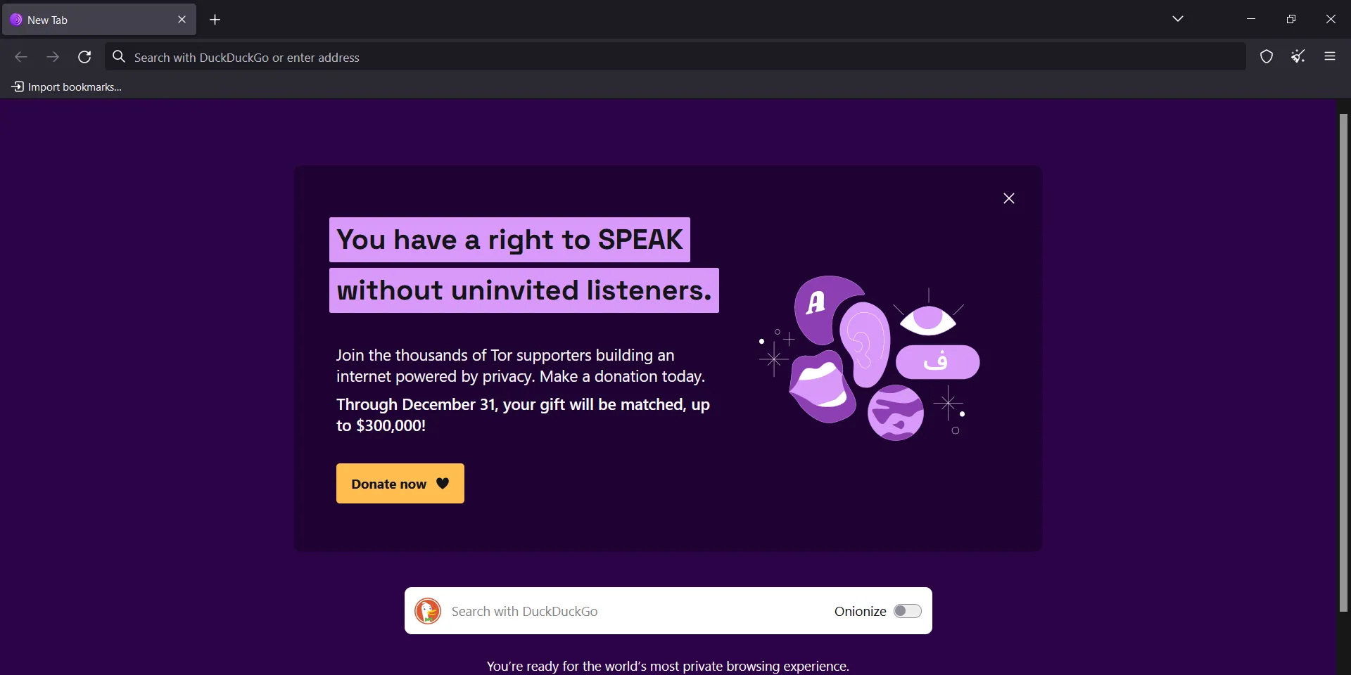 Giao diện trang chủ của Tor Browser, minh họa khả năng duyệt web ẩn danh và bảo mật cao