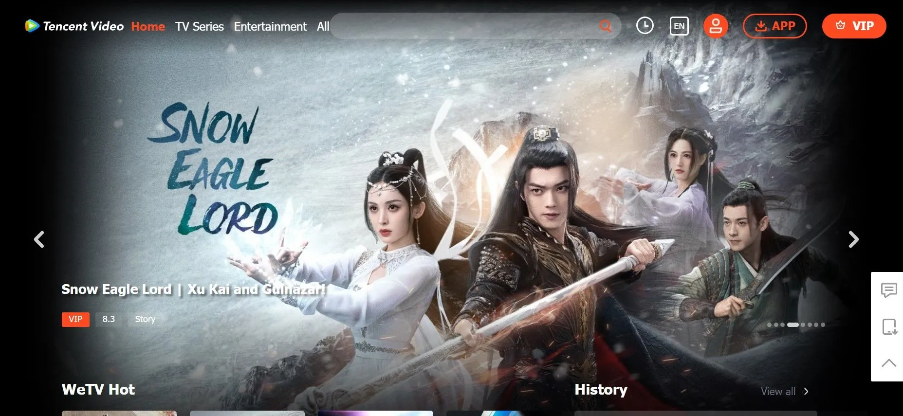 Giao diện trang chủ của WeTV VIP với các chương trình châu Á