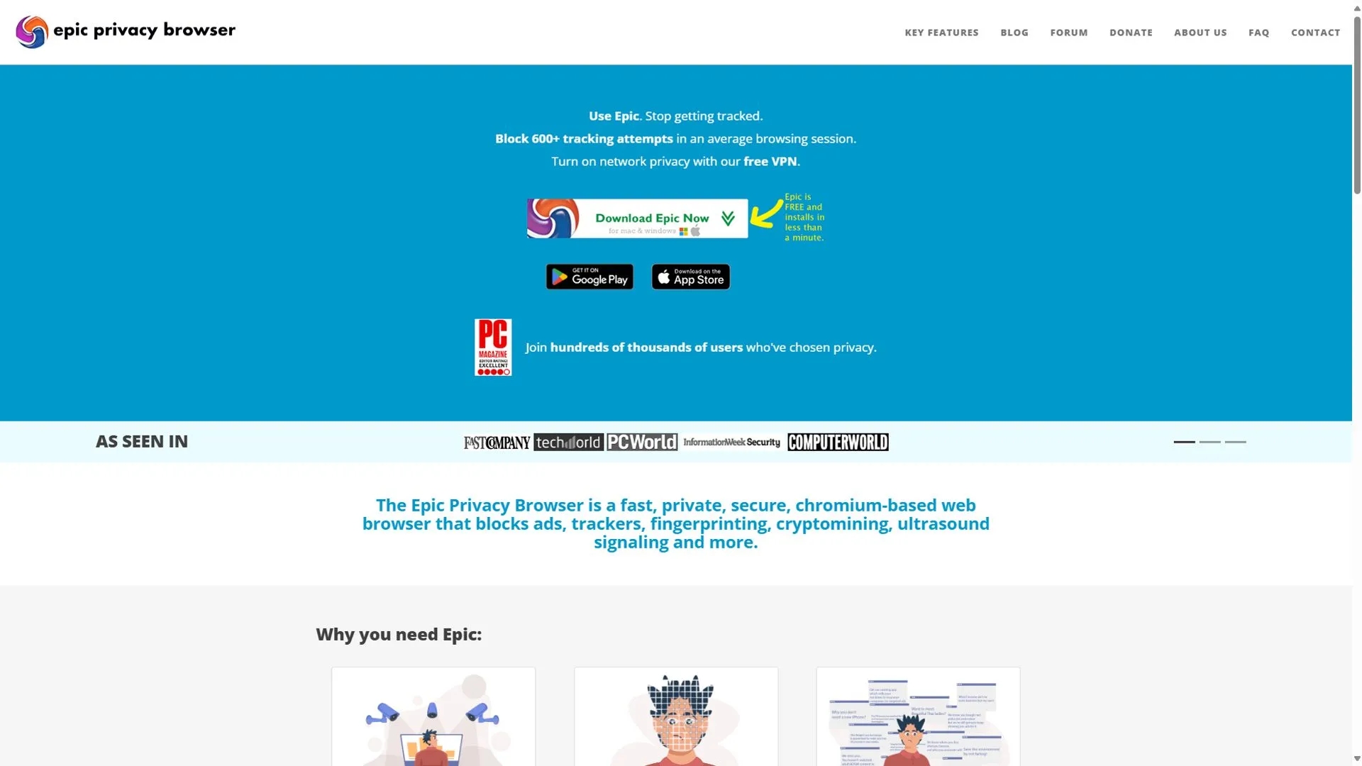 Giao diện trang chủ Epic Privacy Browser tập trung vào bảo mật