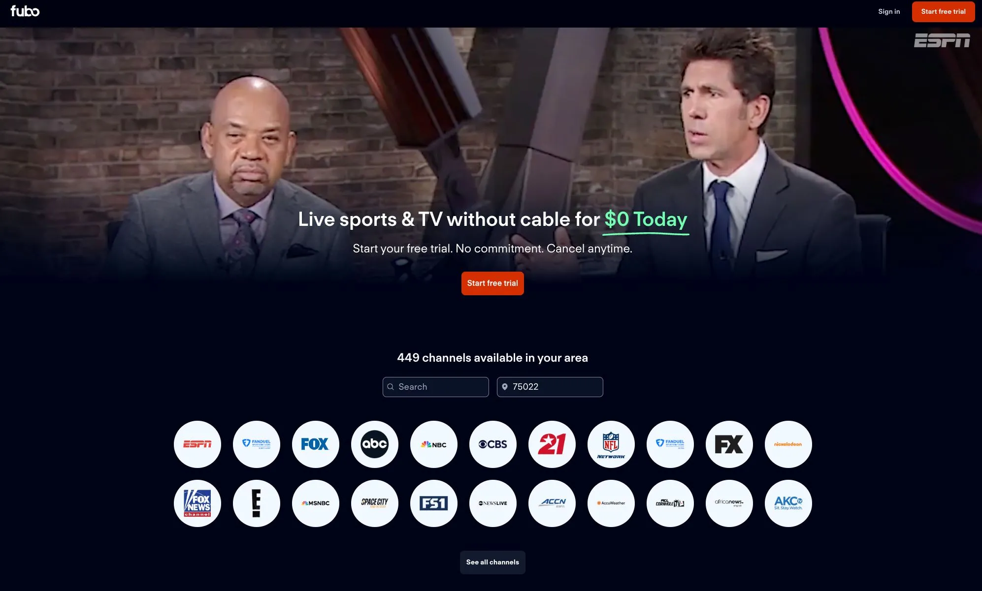 Giao diện trang chủ Fubo TV hiển thị các gói dịch vụ live streaming và thông báo giá cước mới