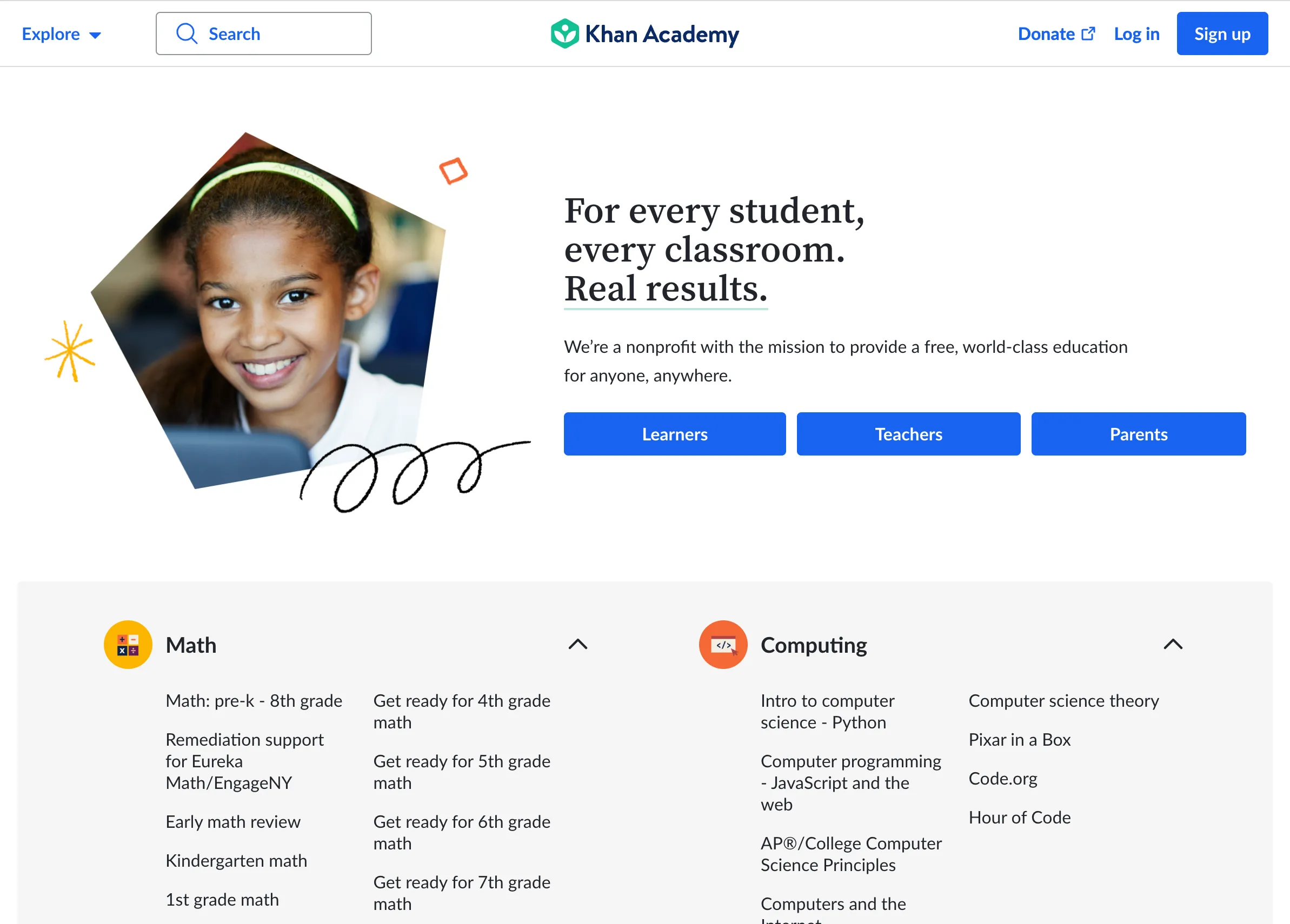 Giao diện trang chủ Khan Academy, nền tảng học tập online miễn phí nổi tiếng với các bài giảng dễ hiểu
