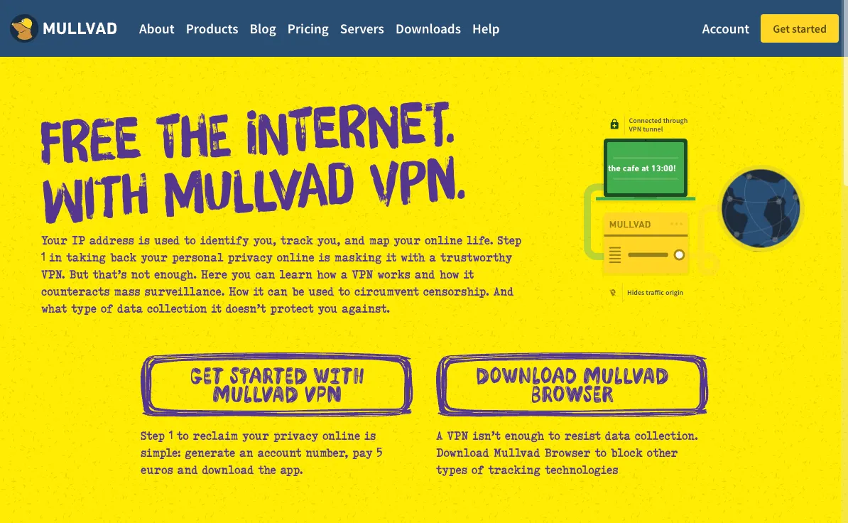 Giao diện trang chủ Mullvad VPN, nhà cung cấp dịch vụ mạng riêng ảo bảo mật