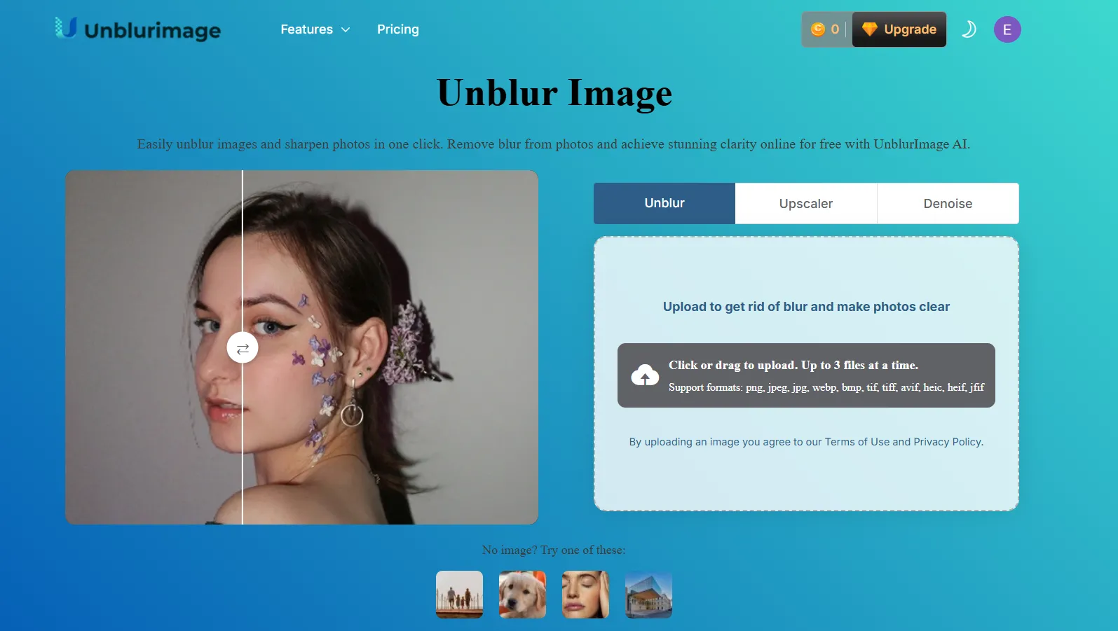 Giao diện trang chủ UnblurImage AI với khu vực kéo thả ảnh để làm rõ