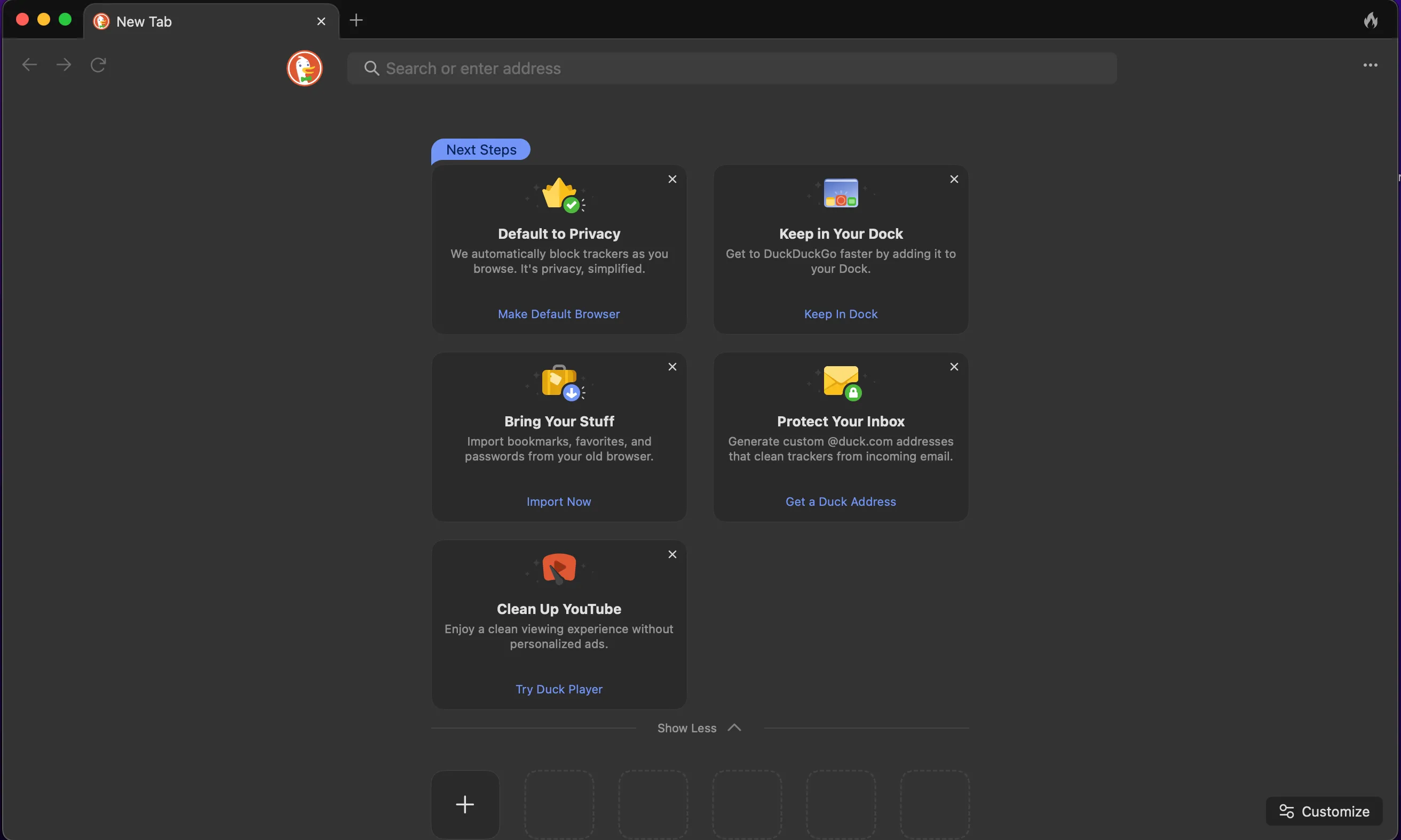 Giao diện trang tab mới mặc định của trình duyệt DuckDuckGo tập trung vào quyền riêng tư và bảo mật