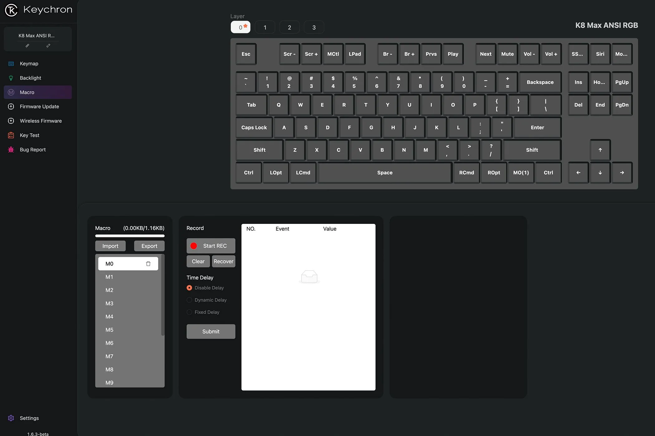 Giao diện trang tùy chỉnh Macro trên phần mềm web Keychron Launcher của bàn phím Keychron K8 Max.