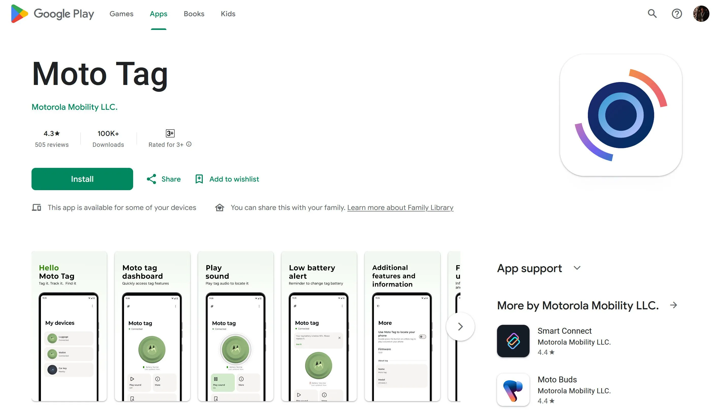 Giao diện trang ứng dụng Moto Tag trên Google Play Store hiển thị thông tin và tùy chọn cài đặt