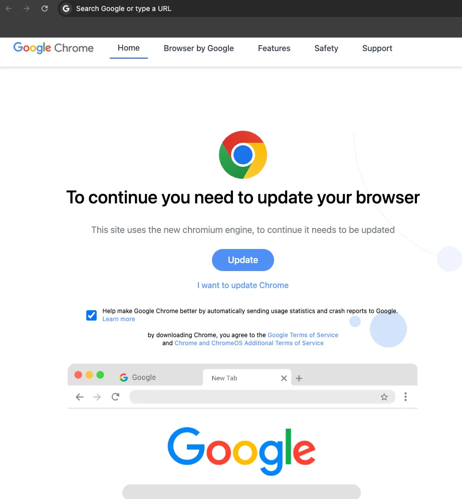 Giao diện trang web giả mạo yêu cầu cập nhật Google Chrome với nút "Update" lớn