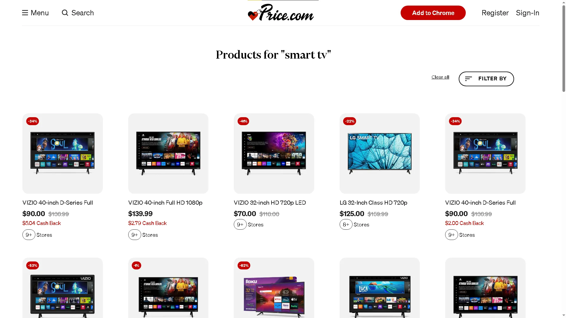 Giao diện trang web so sánh giá khi tìm kiếm Smart TV mới