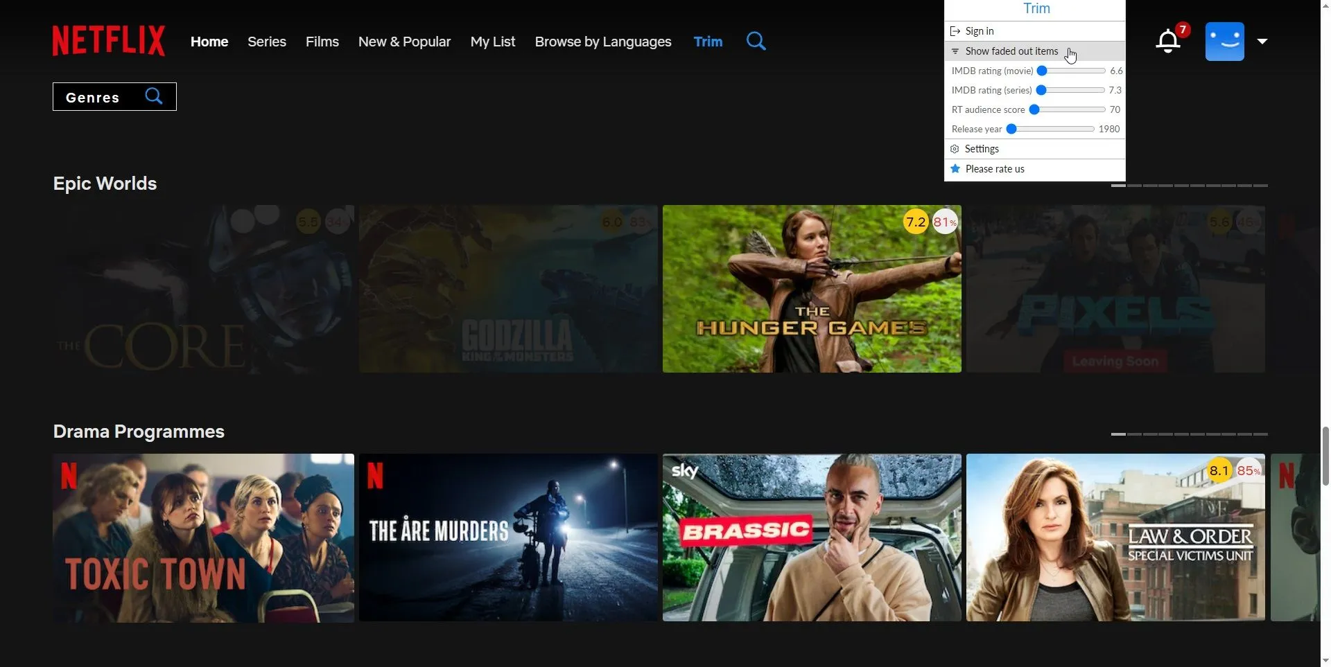 Giao diện Trim trên Netflix giúp làm mờ các tựa phim có đánh giá thấp