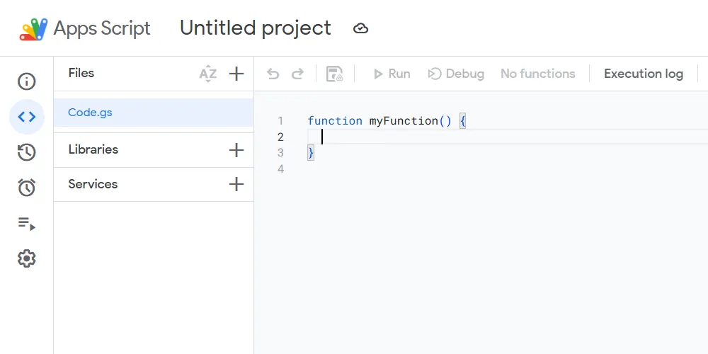 Giao diện trình chỉnh sửa Google Apps Script IDE, nơi viết và quản lý các đoạn mã script.