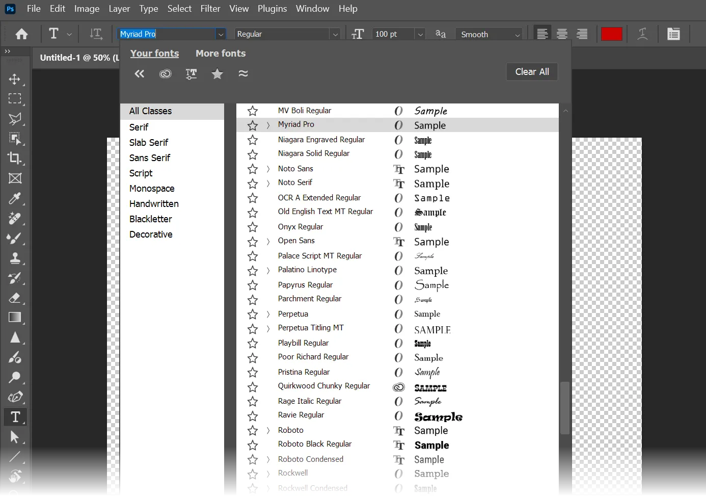 Giao diện trình duyệt font của Adobe Photoshop với các tùy chọn lọc và xem trước kiểu chữ.