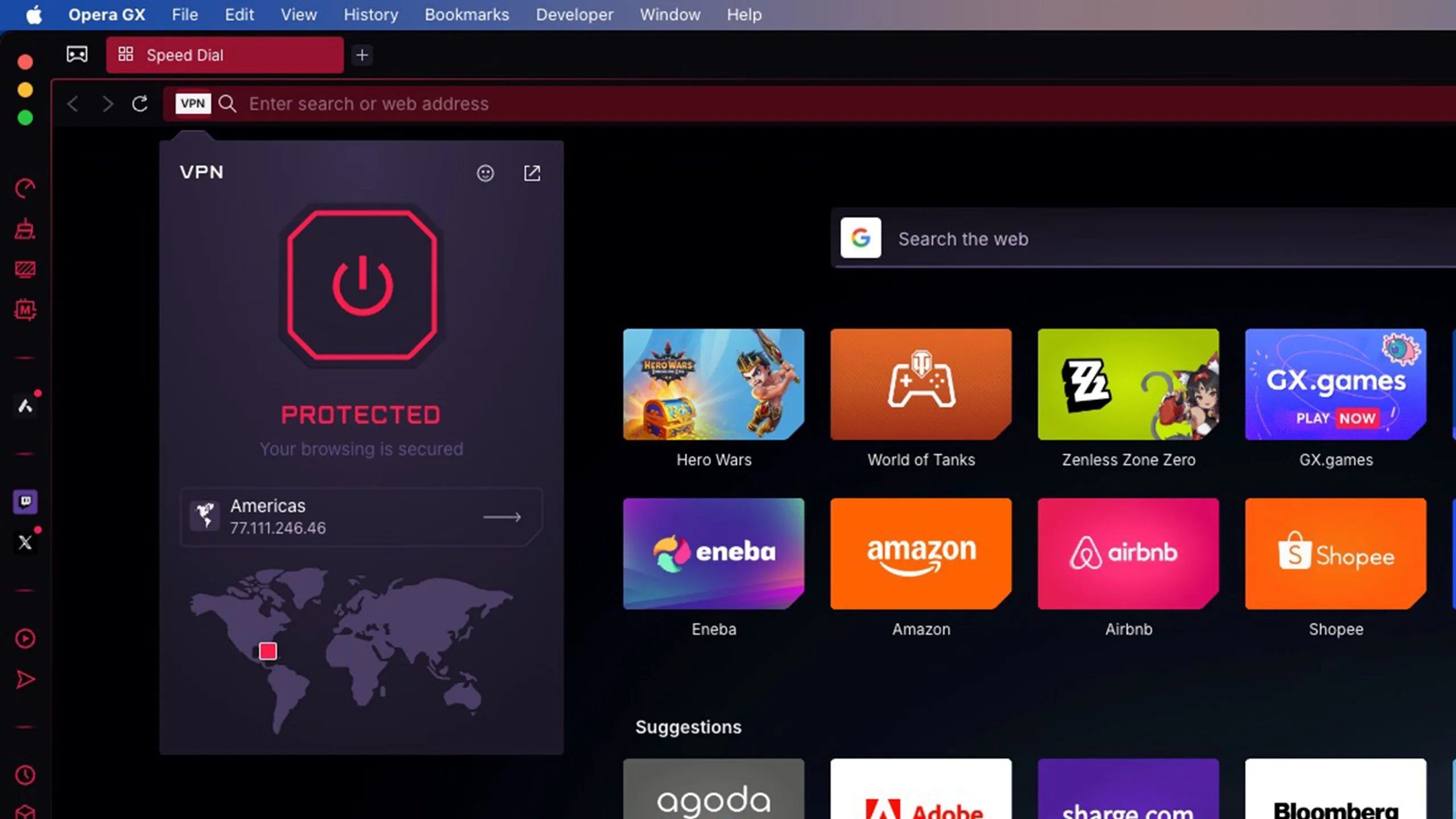 Giao diện trình duyệt Opera GX với tính năng VPN tích hợp đang hoạt động, cho thấy khả năng bảo mật và vượt qua bóp băng thông.