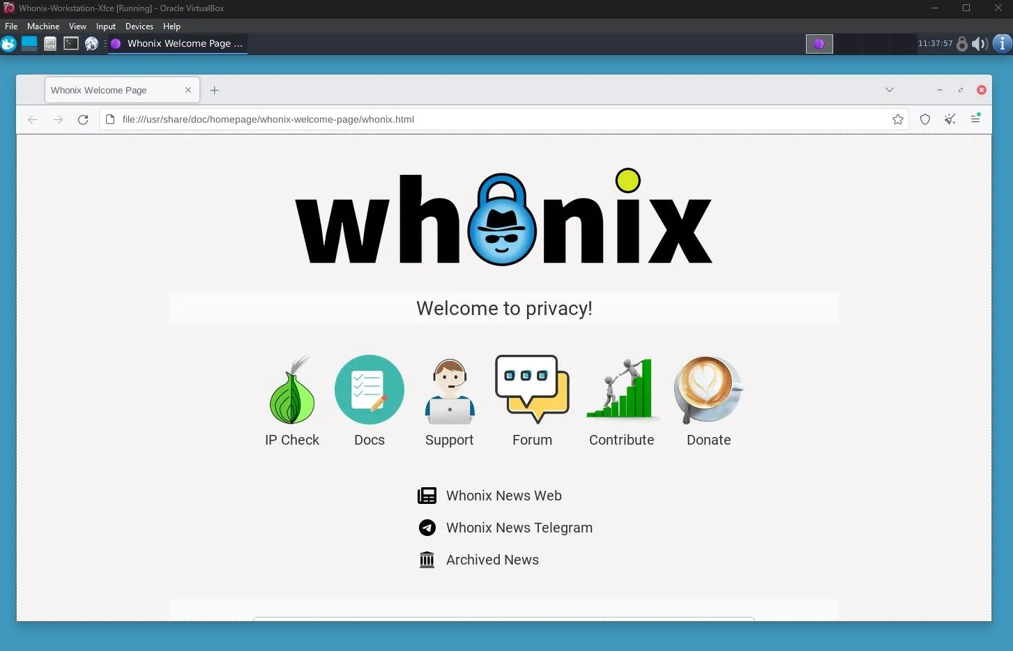 Giao diện trình duyệt web mặc định trên Whonix Workstation đã kết nối qua mạng Tor