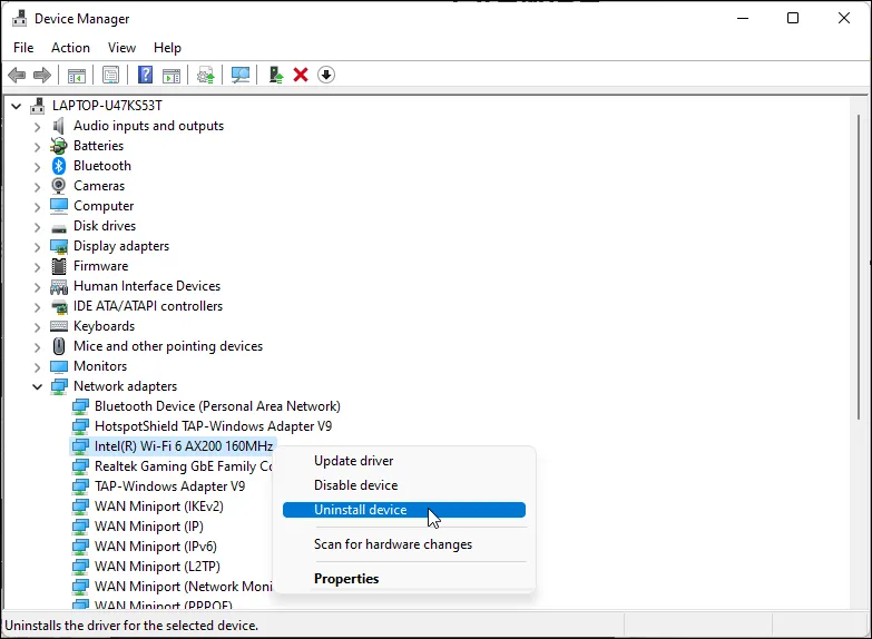 Giao diện Trình quản lý Thiết bị trên Windows 11 hiển thị tùy chọn gỡ cài đặt thiết bị Wi-Fi