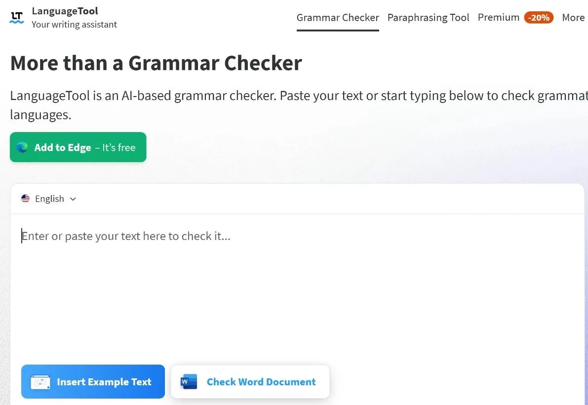 Giao diện trực tuyến của LanguageTool hiển thị các lỗi ngữ pháp được kiểm tra