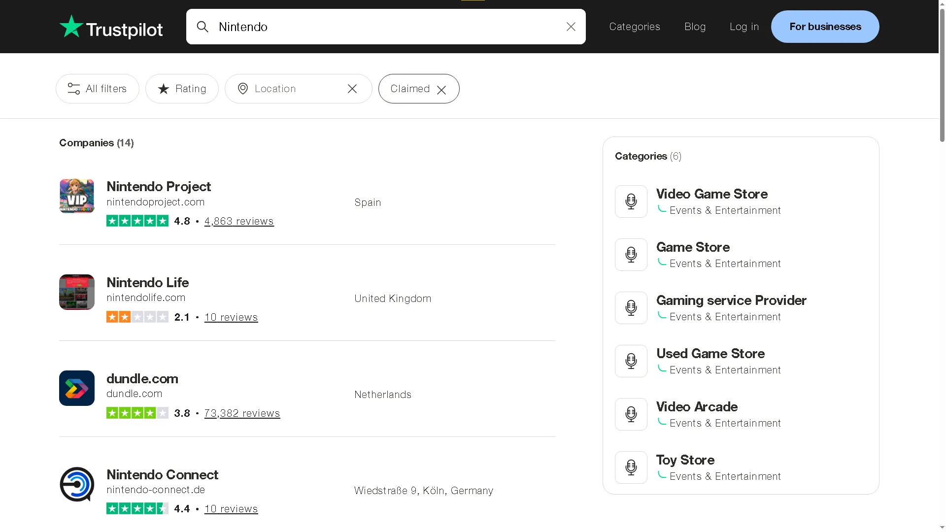 Giao diện Trustpilot hiển thị kết quả tìm kiếm đánh giá doanh nghiệp Nintendo.