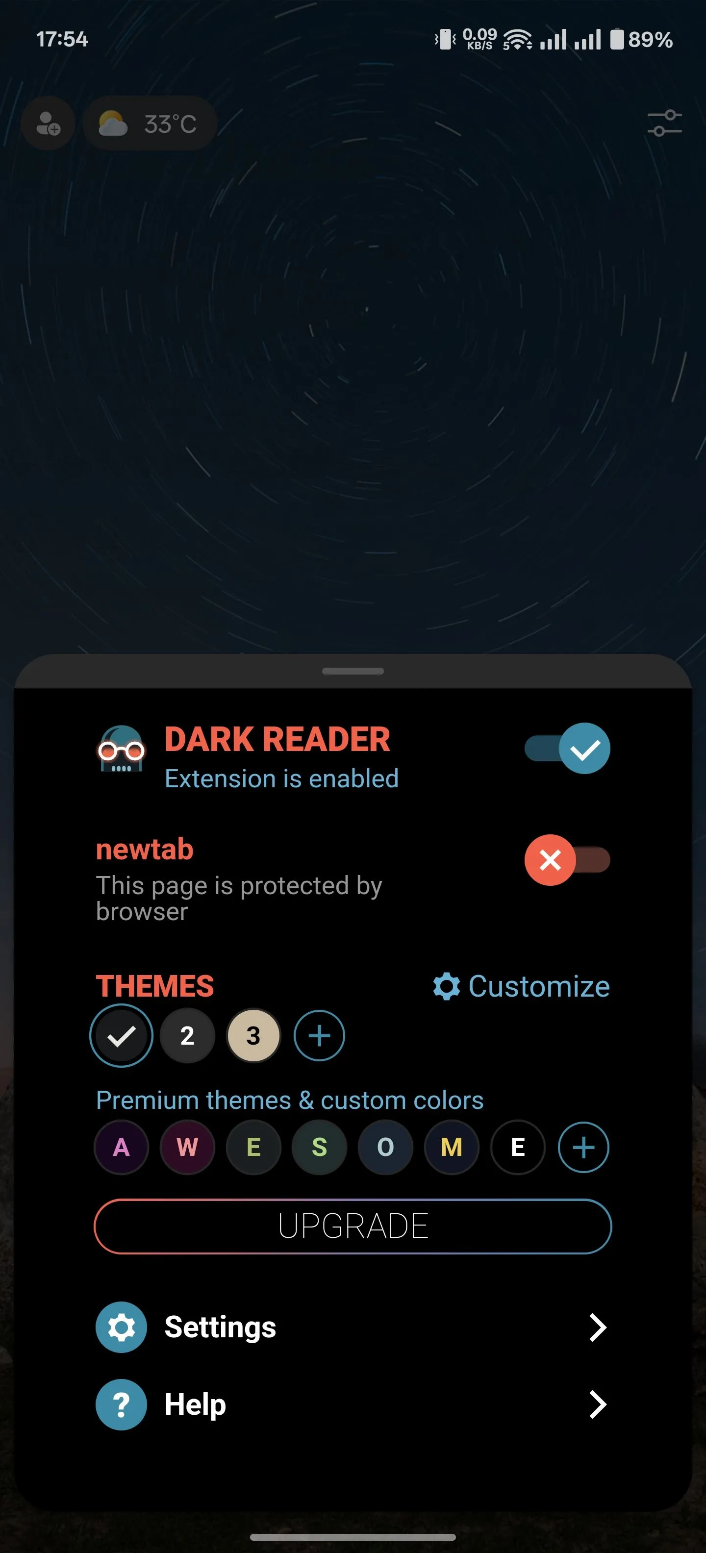 Giao diện tùy chỉnh các thiết lập của tiện ích Dark Reader trong Microsoft Edge Android.