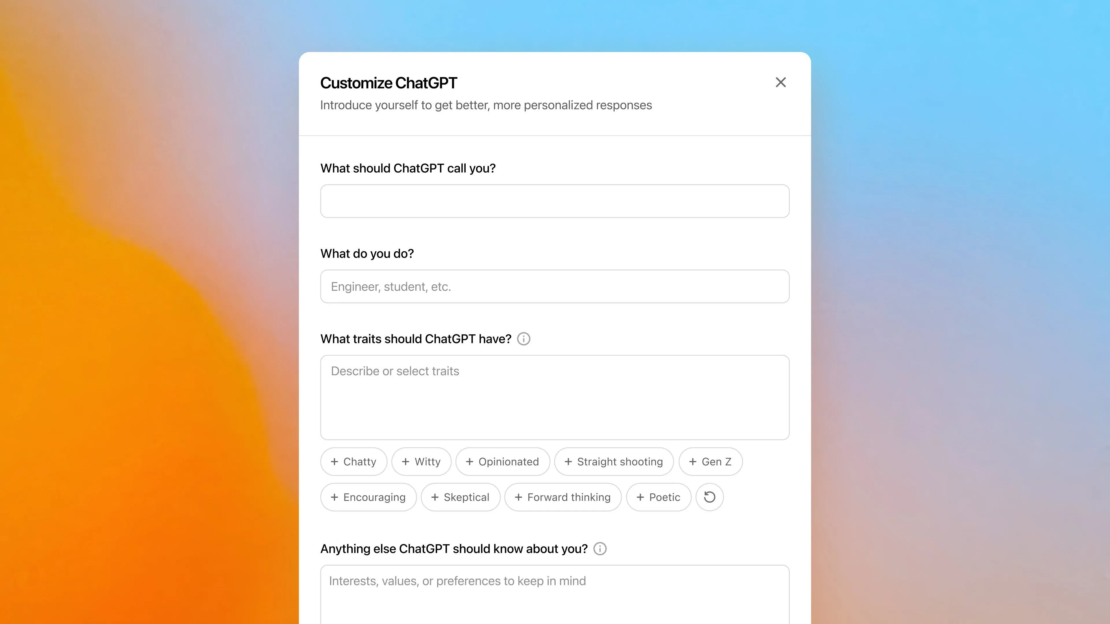 Giao diện tùy chỉnh 'Custom Instructions' của ChatGPT trên trình duyệt web