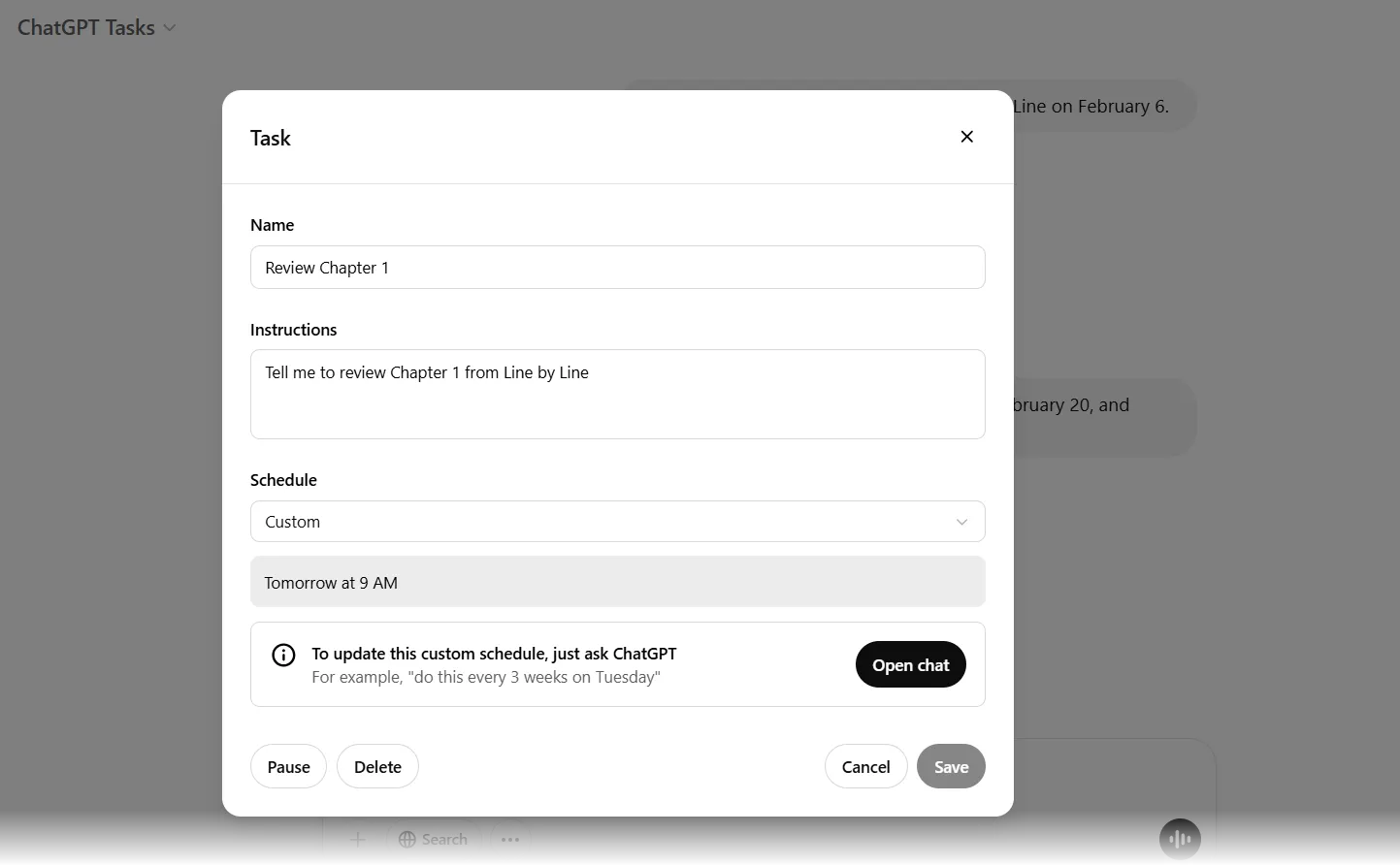 Giao diện tùy chỉnh lịch trình trong ChatGPT Tasks, cho phép người dùng đặt các ngày cụ thể để ôn tập, minh họa tính linh hoạt của tính năng này trong việc áp dụng phương pháp lặp lại ngắt quãng.
