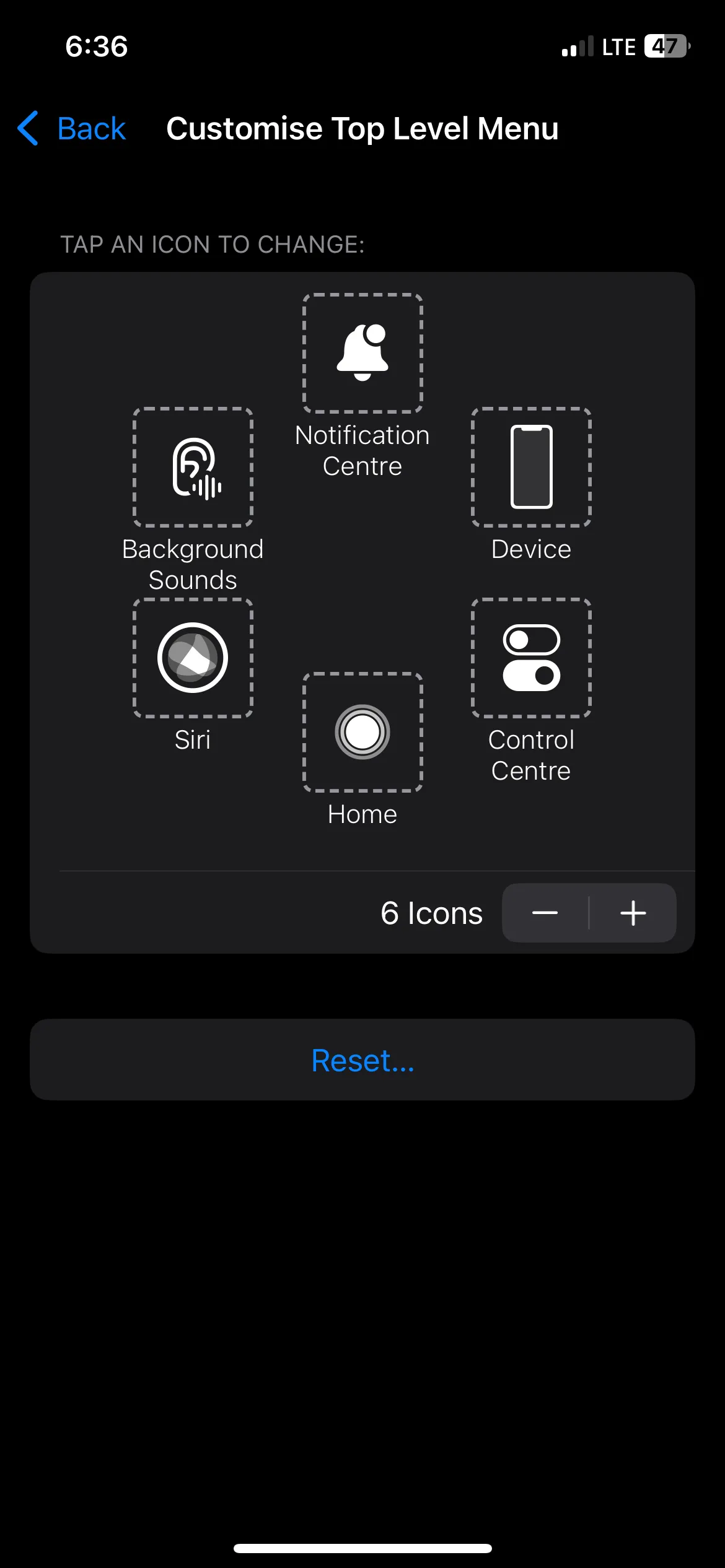 Giao diện tùy chỉnh menu cấp cao nhất của AssistiveTouch trên iPhone