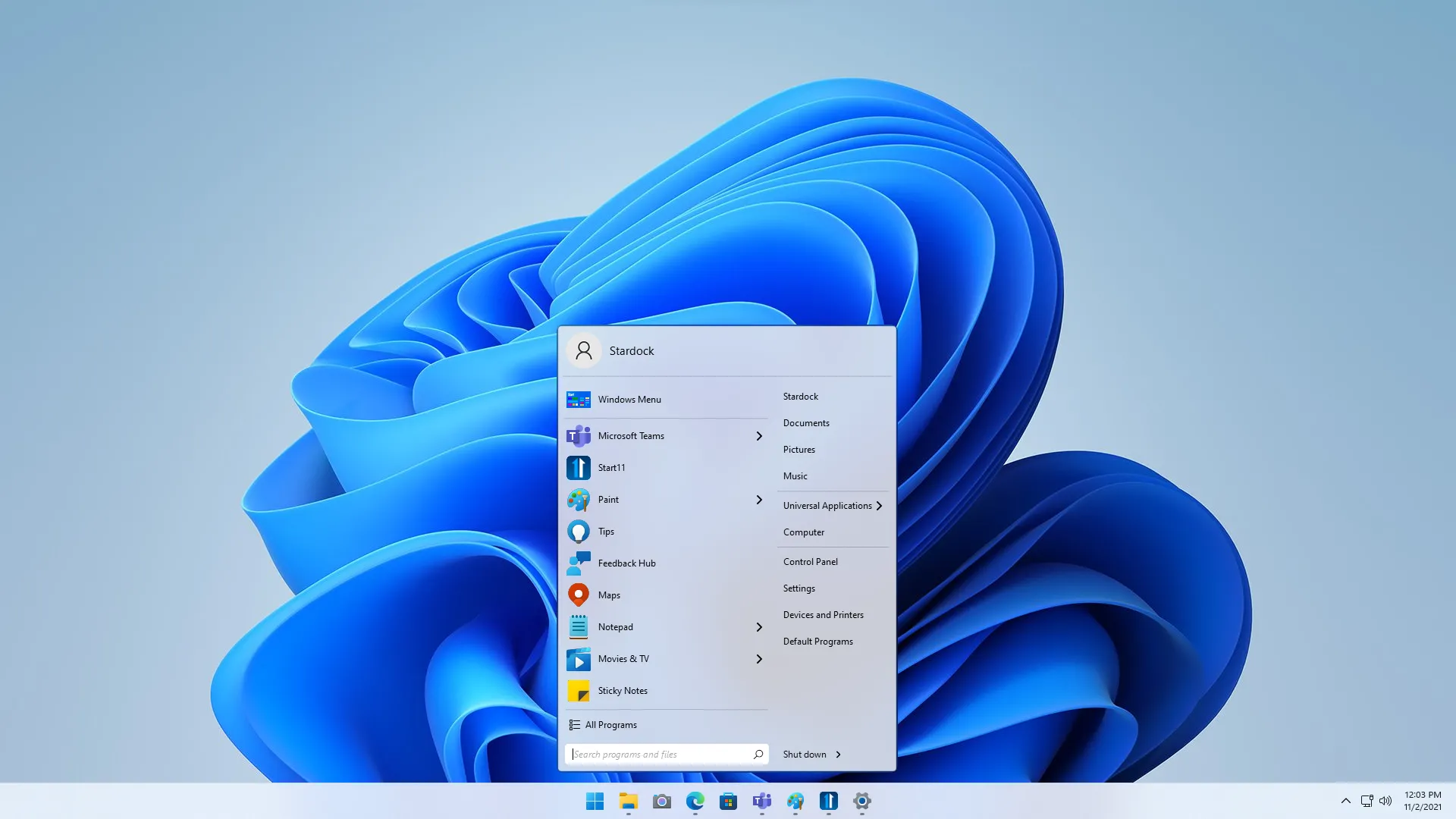 Giao diện tùy chỉnh Start Menu trong Start11 trên Windows 11 với nhiều kiểu dáng khác nhau