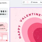 Giao diện tùy chỉnh thiệp Valentine trên Canva, hiển thị các công cụ thiết kế và mẫu thiệp điện tử
