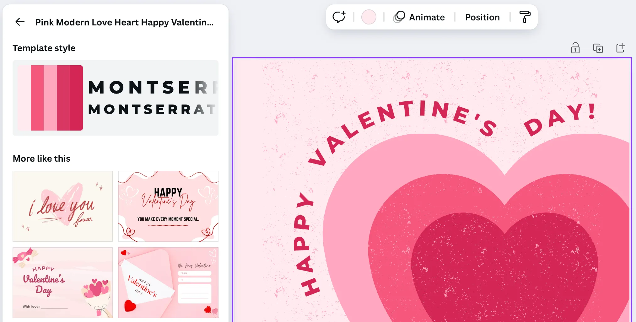 Giao diện tùy chỉnh thiệp Valentine trên Canva, hiển thị các công cụ thiết kế và mẫu thiệp điện tử