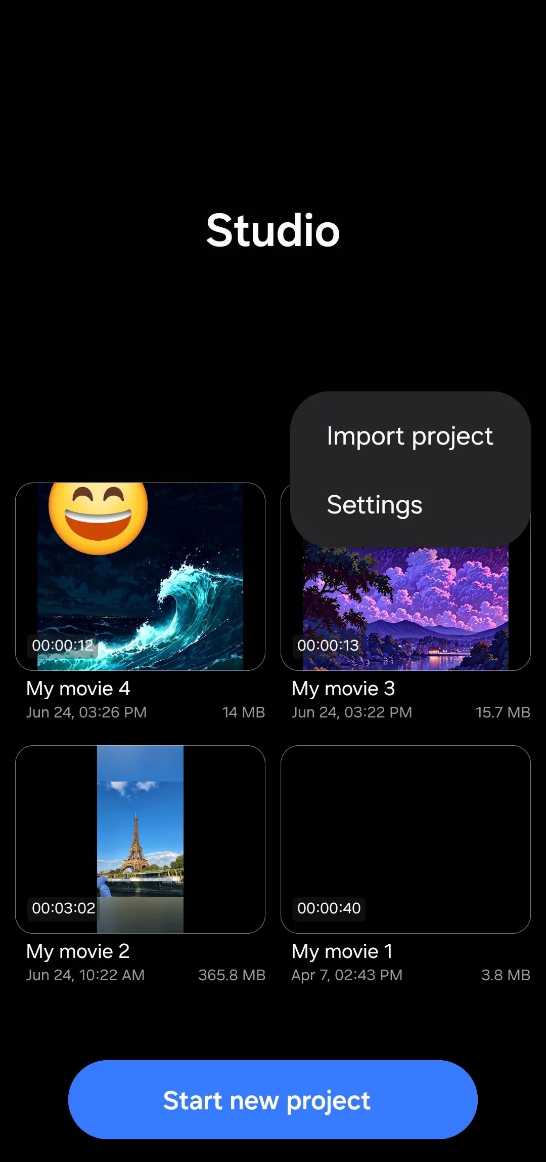Giao diện tùy chọn Samsung Studio trên điện thoại Samsung Galaxy
