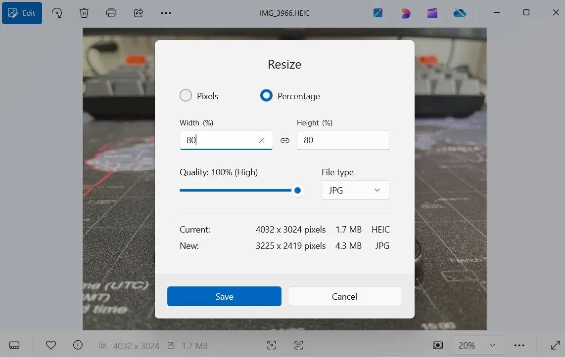 Giao diện tùy chọn thay đổi kích thước ảnh trong ứng dụng Ảnh Windows 11