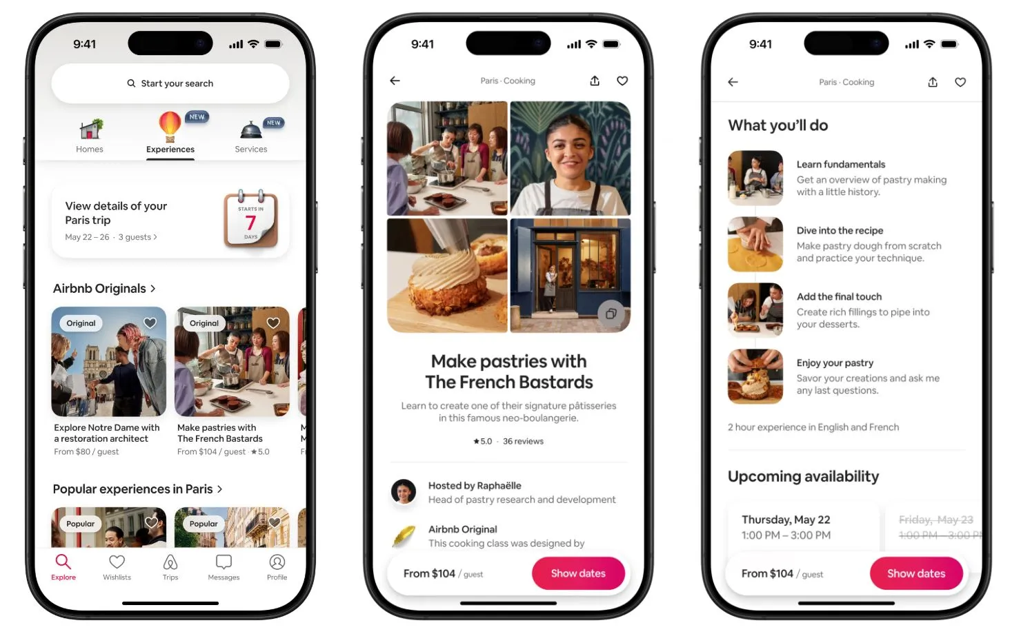 Giao diện ứng dụng Airbnb giới thiệu các trải nghiệm địa phương như tour bảo tàng và lớp học nấu ăn.