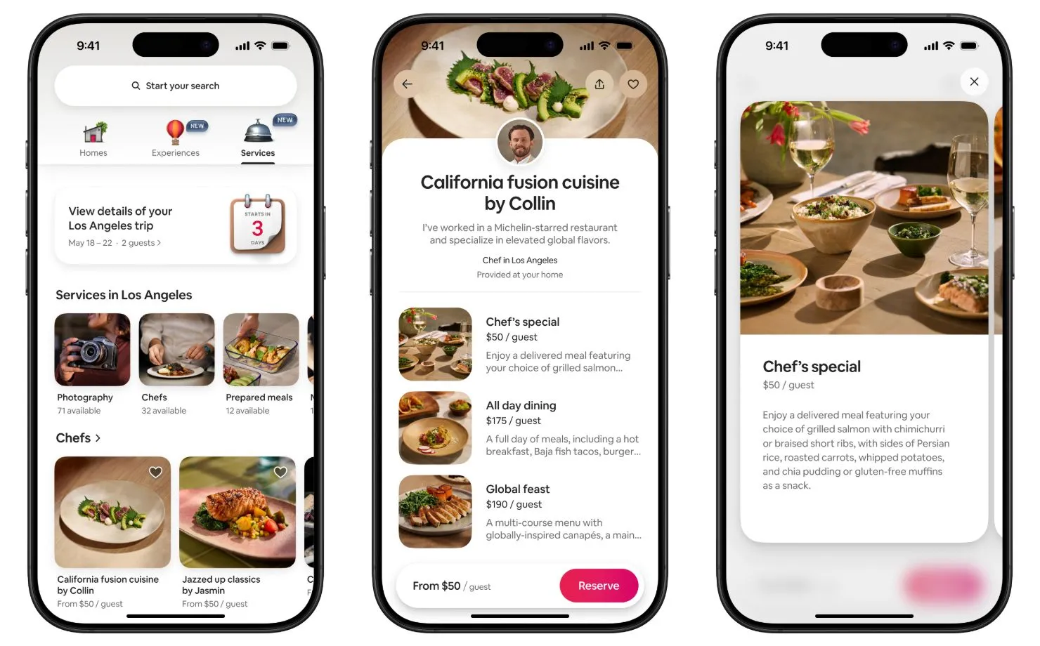 Giao diện ứng dụng Airbnb hiển thị các dịch vụ bổ trợ như đầu bếp riêng, spa và huấn luyện viên.