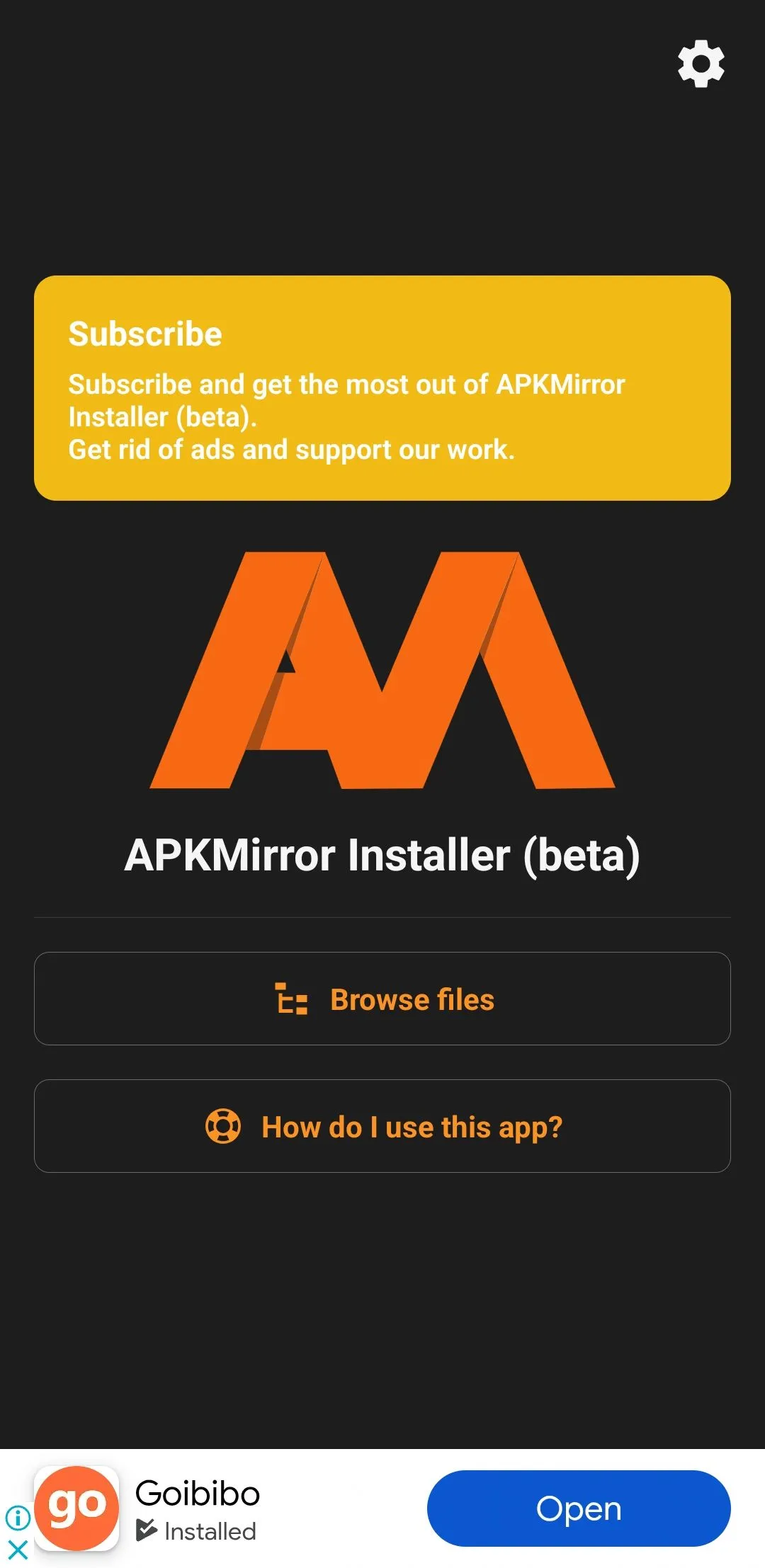 Giao diện ứng dụng APKMirror Installer trên điện thoại Android, hỗ trợ cài đặt tệp APK và gói ứng dụng.