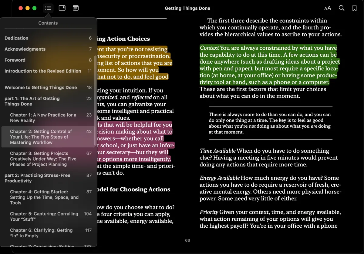Giao diện ứng dụng Apple Books với sách Getting Things Done, minh họa nguồn thông tin cho PKM