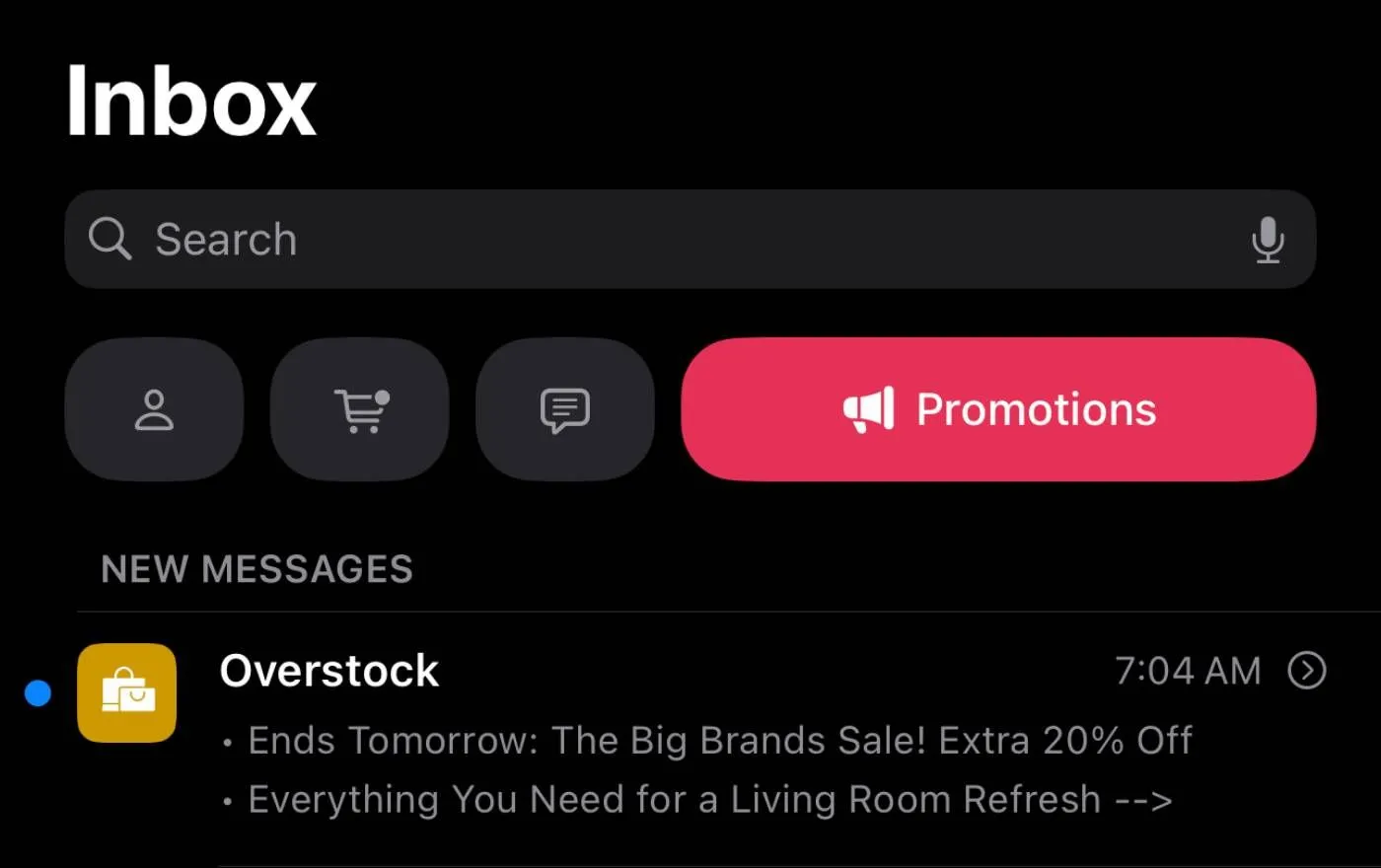 Giao diện ứng dụng Apple Mail trên iOS 18.2 với tính năng phân loại email AI vào mục "Promotions"