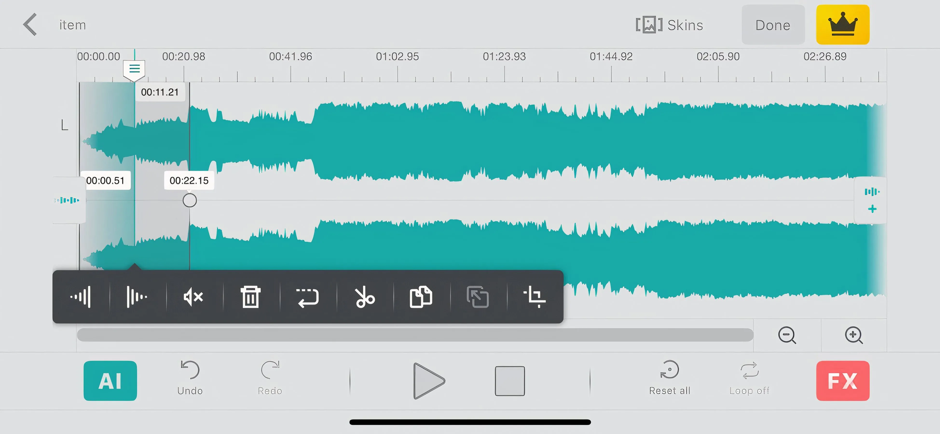 Giao diện ứng dụng Audio Editor Tool trên iPhone với các tùy chọn Fade In và Fade Out.