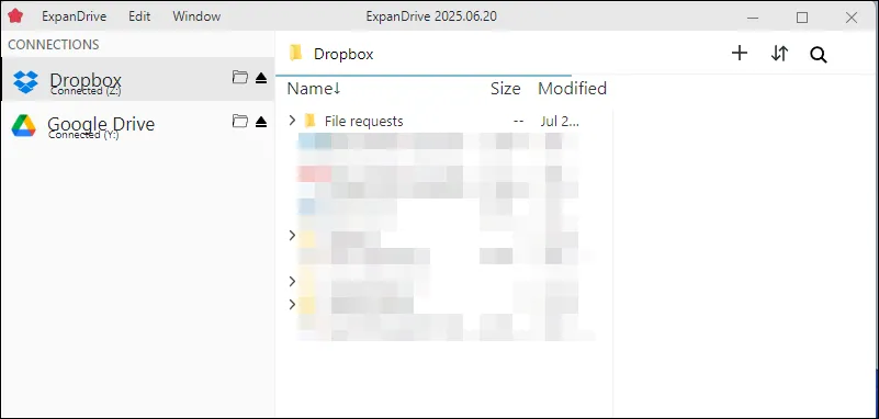 Giao diện ứng dụng ExpanDrive đang mở trên Windows 11, hiển thị các tùy chọn kết nối và quản lý dịch vụ đám mây.